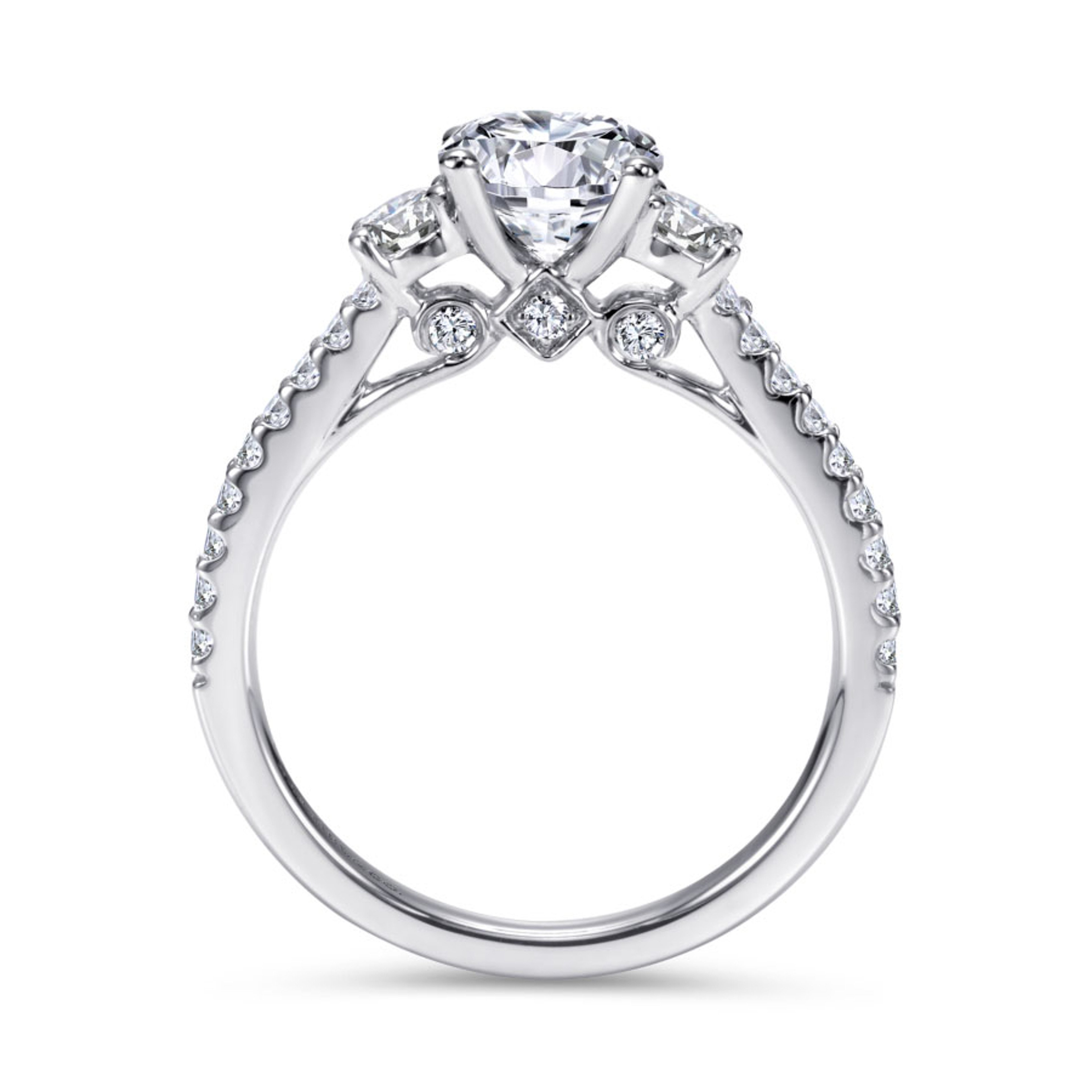 14K gold 3-stone engagement ring with diamond accents and diamond encrusted band with peek-a-boo diamonds beneath the center stone
