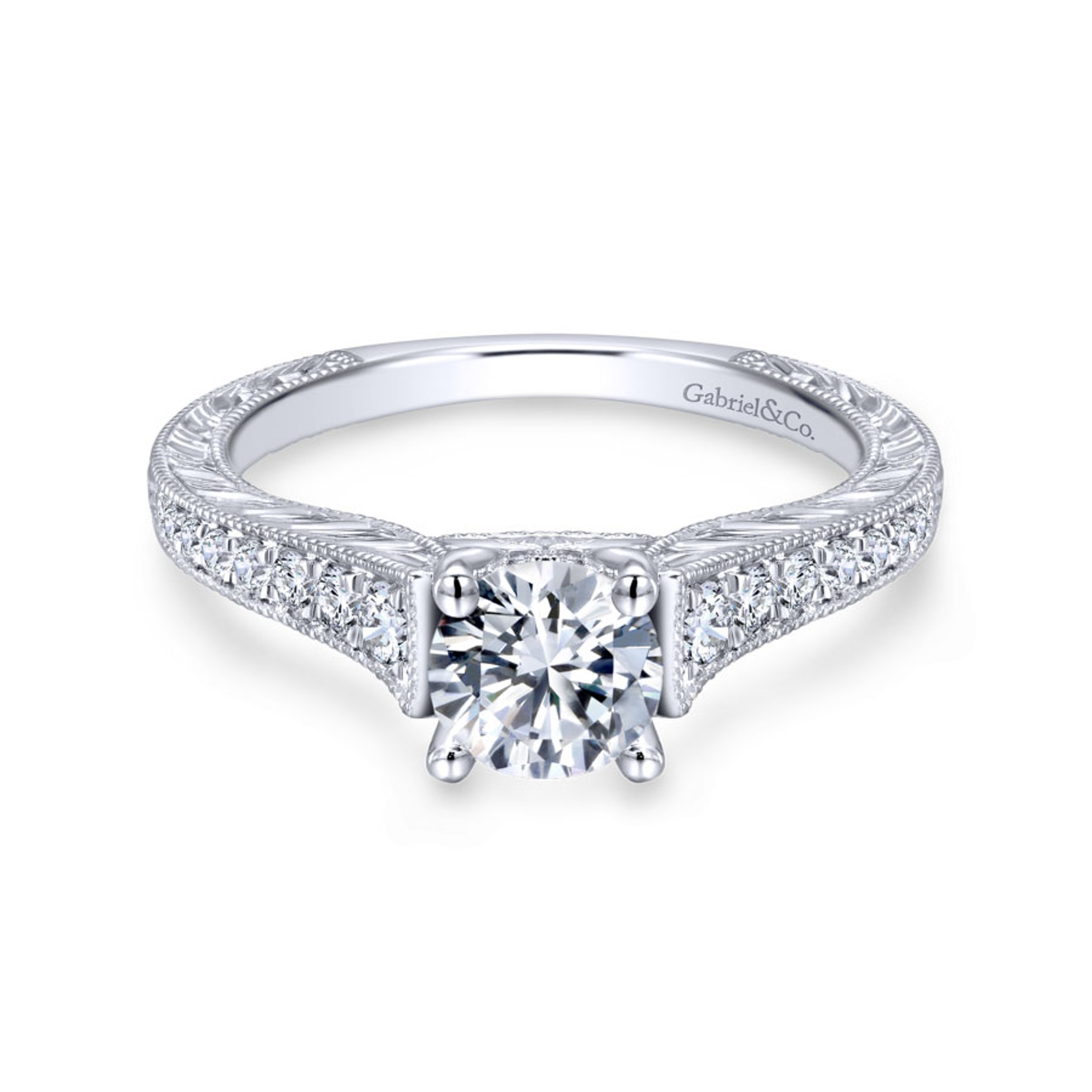 14K gold straight engagement ring with channel set diamond band