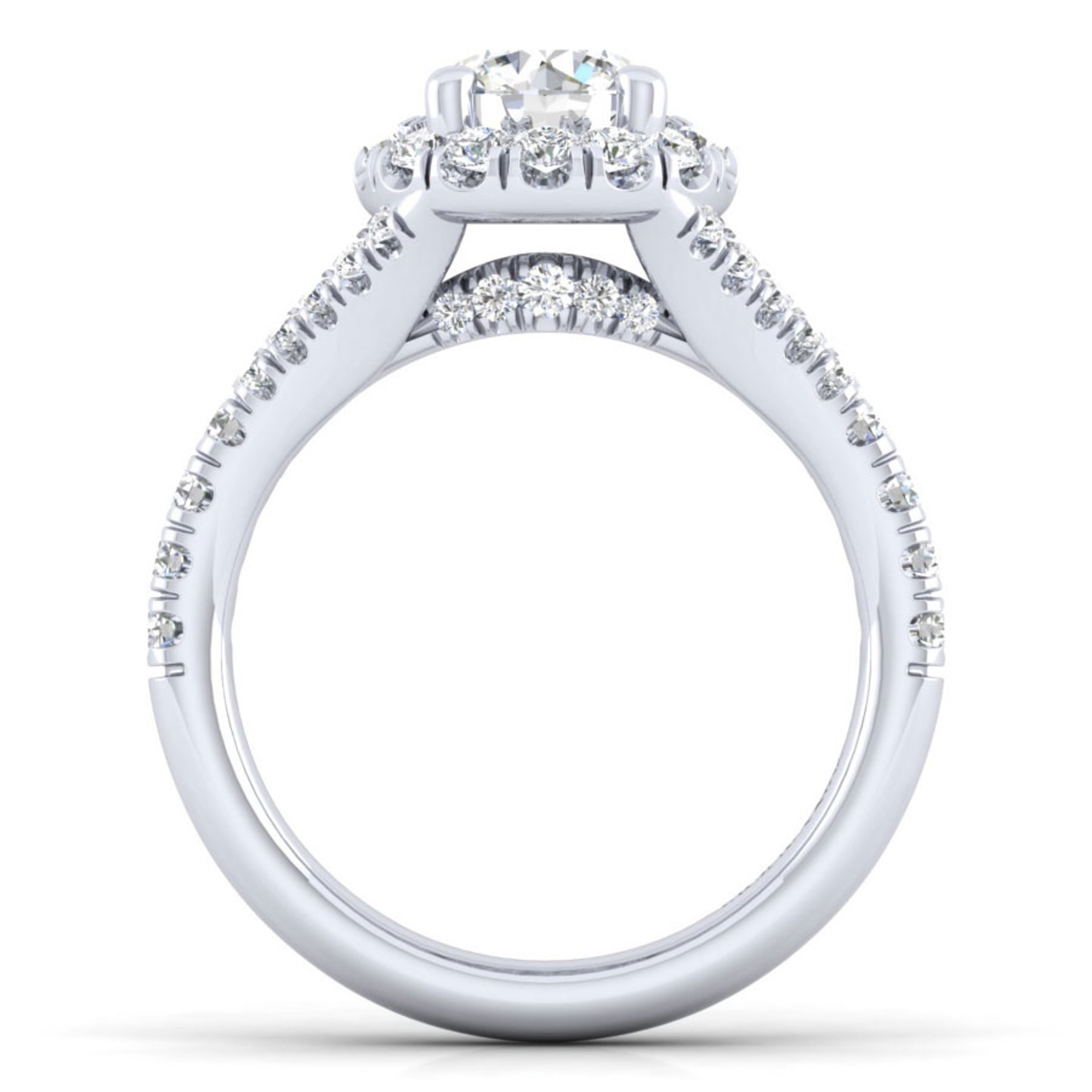 14K gold halo engagement ring with split shank diamond encrusted band and hidden details of diamond below the head