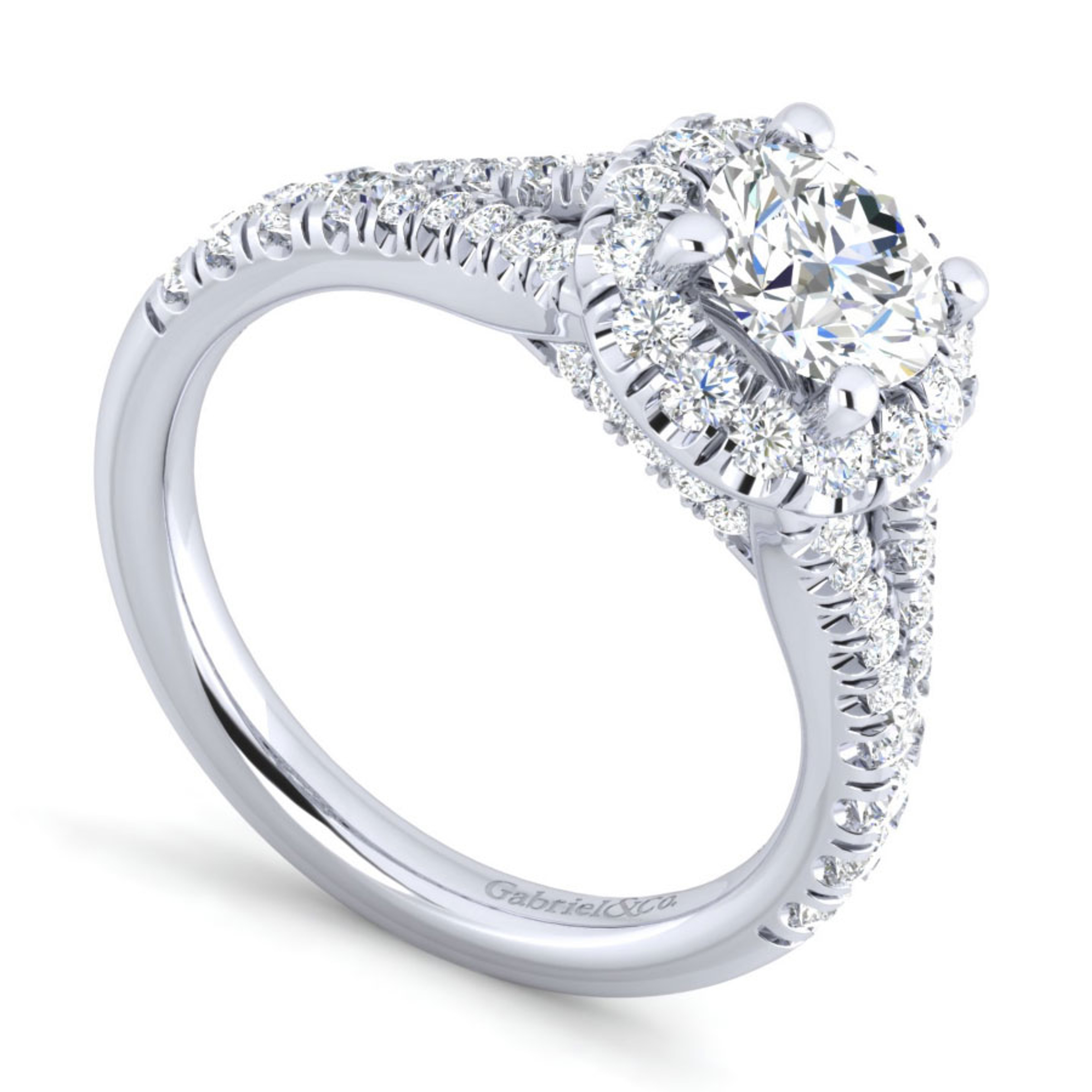 14K gold halo engagement ring with split shank diamond encrusted band and hidden details of diamond below the head