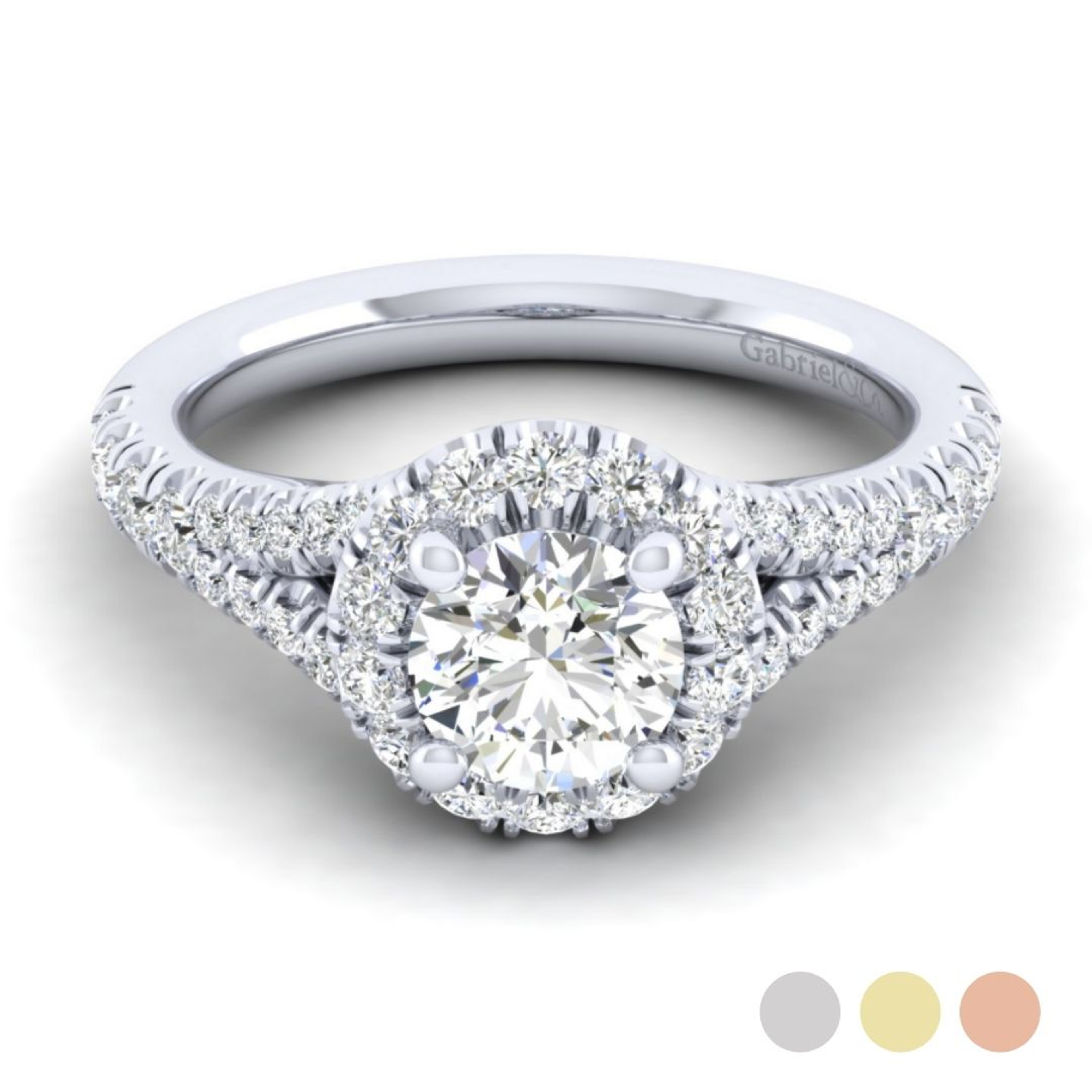 14K gold halo engagement ring with split shank diamond encrusted band and hidden details of diamond below the head