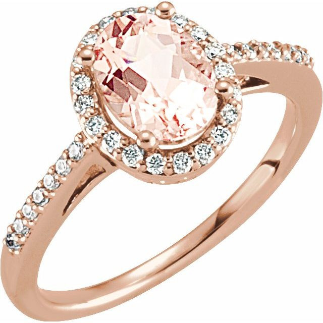 14K rose gold engagement ring with oval-shaped pink morganite and diamond halo with diamond accented band