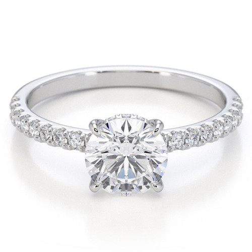 straight engagement ring with diamond hidden halo and diamond encrusted band