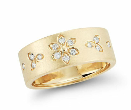 14K yellow gold wideband ring with daisies made of diamonds acorss the band