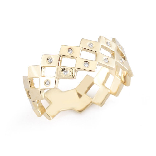 14K yellow gold stacking ring with geometric detailing and diamonds throughout the band