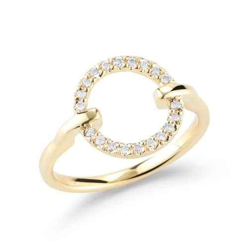 14K yellow gold ring with open  circle of diamonds that lock into a polished band