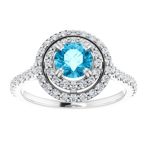 14K gold double halo engagement ring with round aquamarine center stone and lab grown diamond accented halo with polished band