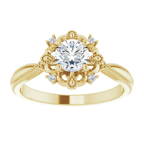 14K yellow gold vintage-inspired engagement ring with round lab grown diamond