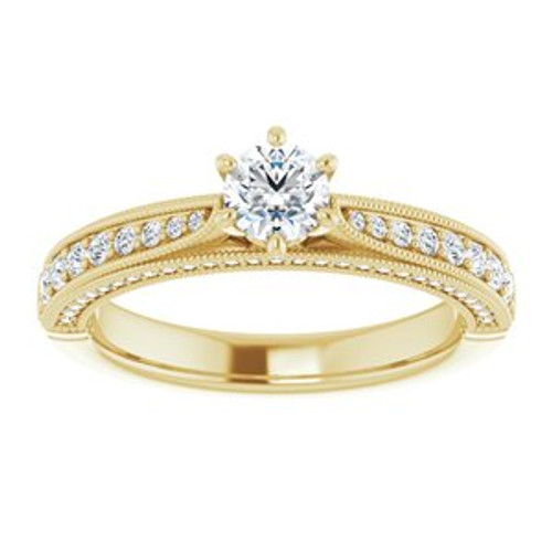 14K yellow gold straight engagement ring with round diamond and channel-set diamond accented band