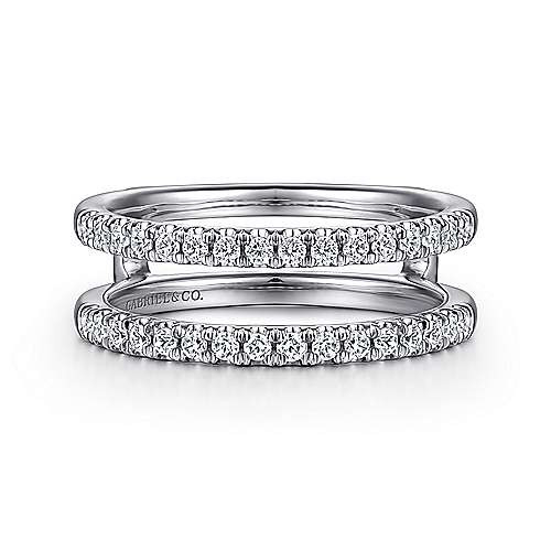 14K gold diamond ring enhancer with two straight pave wedding bands connected