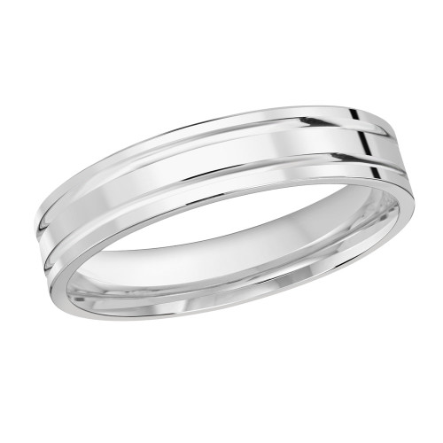 A men's white gold wedding ring with two high polish grooves along its high polish surface. Customize this ring to make it yours.