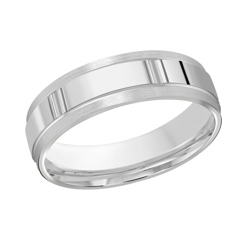 Men's white gold wedding ring with multiple high polish rectangular carved motifs all around its surface and high polish edges.