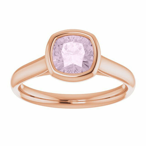 14K rose gold soliaire ring with bezel set cushion cut pink morganite