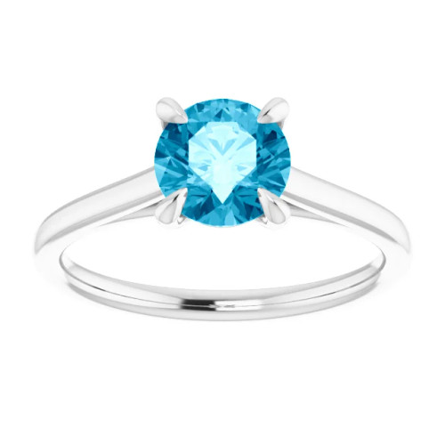 14K gold solitaire engagement ring with round aquamarine center stone and polished band