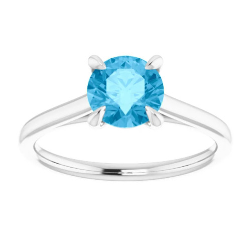 14K gold solitaire engagement ring with round blue topaz center stone and polished band