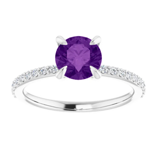 14K gold straight engagement ring with round amethyst center stone and lab-grown diamond accented band