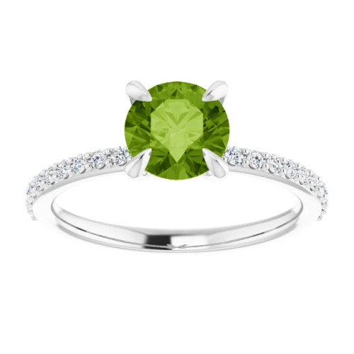 14K gold straight engagement ring with round peridot center stone and lab-grown diamond accented band