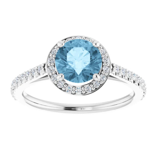 14K gold halo engagement ring with round blue topaz center stone and lab grown diamond halo and accented band