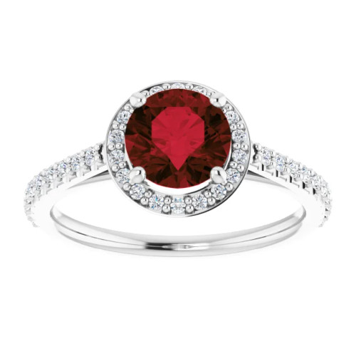 14K gold halo engagement ring with round garnet center stone and lab grown diamond halo and accented band