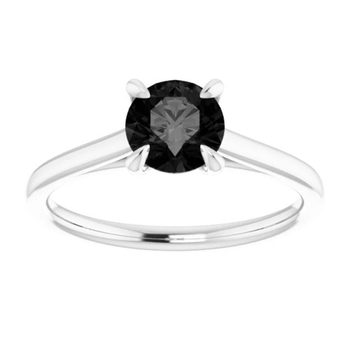 solitaire cathedral-style engagement ring with round black diamond center stone