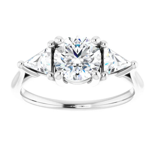 three stone engagement ring with trillion-cut diamond accent stones