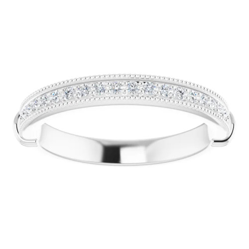 vintage-inspired straight wedding ring with channel set diamonds and milgrain detailing
