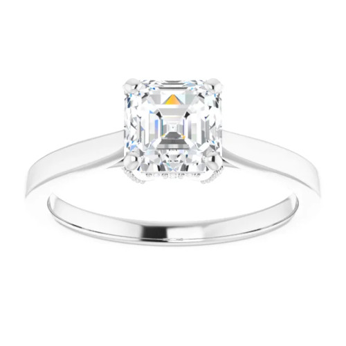 solitaire engagement ring with asscher cut moissanite center stone and hidden halo of diamonds