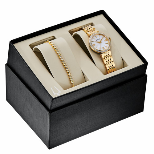 Bulova 30MM Crystal Mother-of-Pearl Women's Watch & Bracelet Gift Set