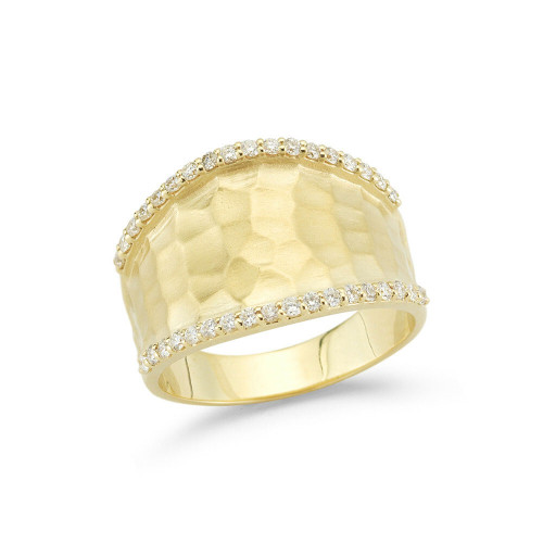 14K yellow gold ring with hammered finish and diamonds lining the edges