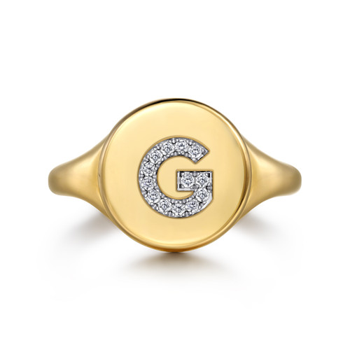 14K Gold Diamond Initial Signet Ring (1/15 TCW)