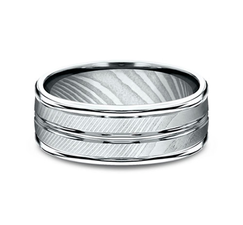 The Echo Damascus Steel Double Groove Wedding Ring