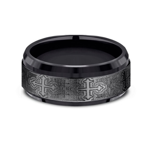 black titanium wedding with with cross pattern and polished bevel edges