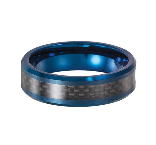 blue enameled tungsten wedding ring with checkered carbon fiber inlay and beveled edges