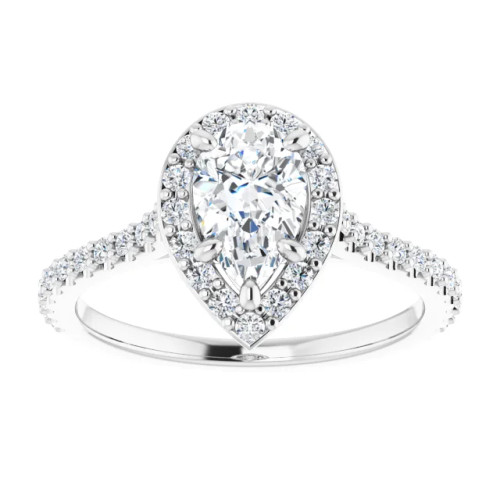 halo engagement ring with pear shaped moissanite center stone and lab grown diamond halo and band
