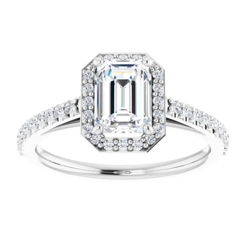 halo engagement ring with emerald-cut moissanite center stone with natural diamond accents on the halo and band