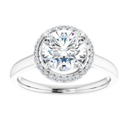 halo engagement ring with round moissanite center stone and natural diamond accented halo with polished band