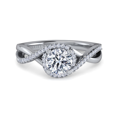 halo engagement ring with moissanite center stone and diamond criss cross band
