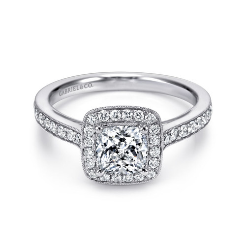 cushion cut moissanite engagement ring with natural diamond halo and band