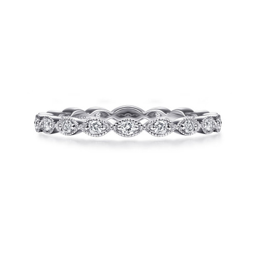 14K gold diamond eternity ring with marquise shaped frame and milgrain detailing