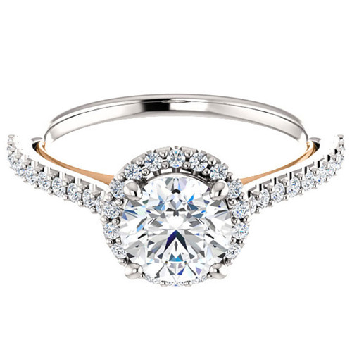 engagement ring with diamond halo and diamond accented band with 14K rose gold heart detailing