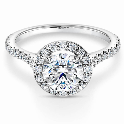 cathedral engagement ring with diamond halo and diamond accented-band with hidden diamond detial beneath the center stone