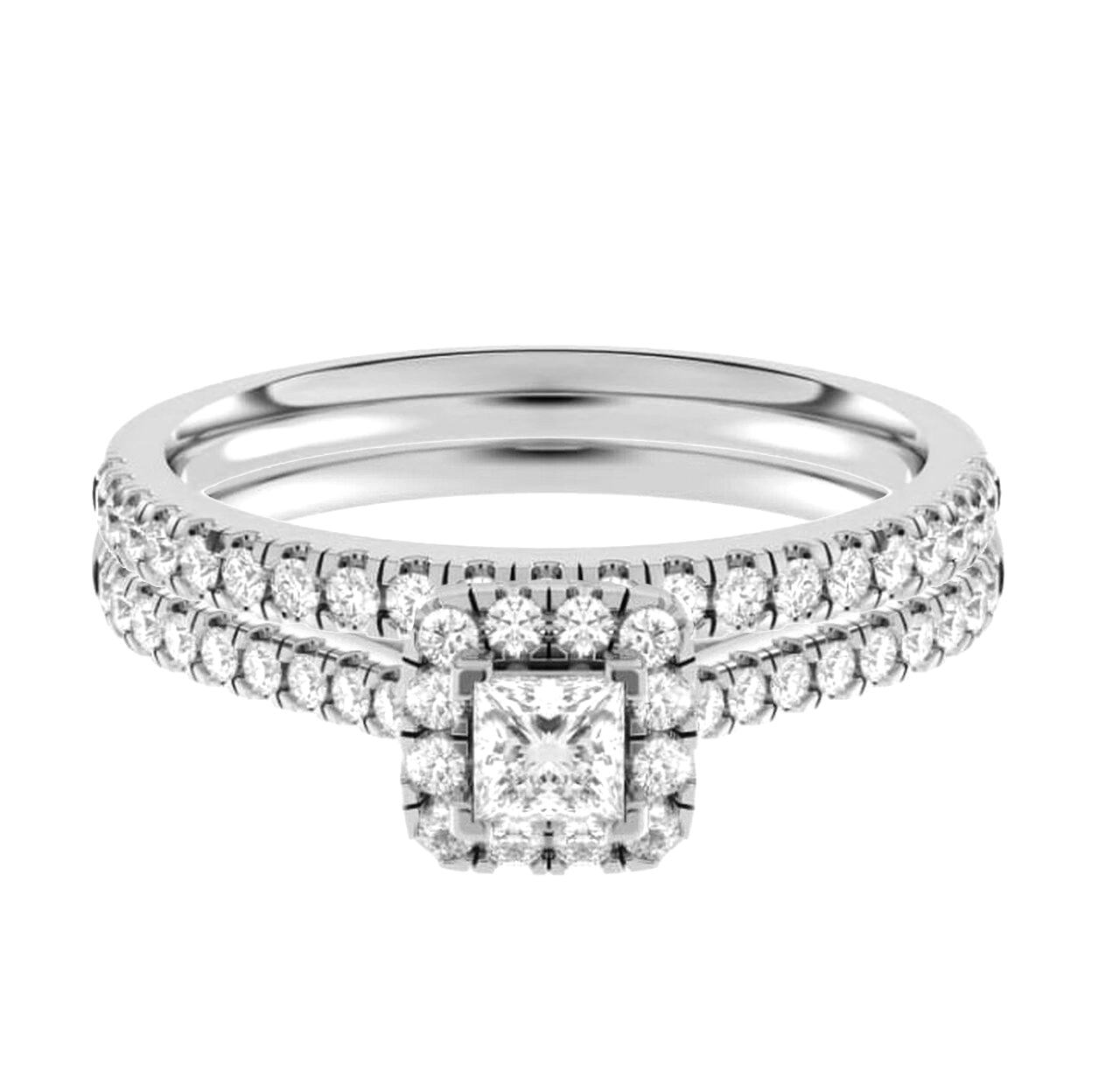 14K gold straight engagement ring with princess lab grown diamond center stone and halo with accented band