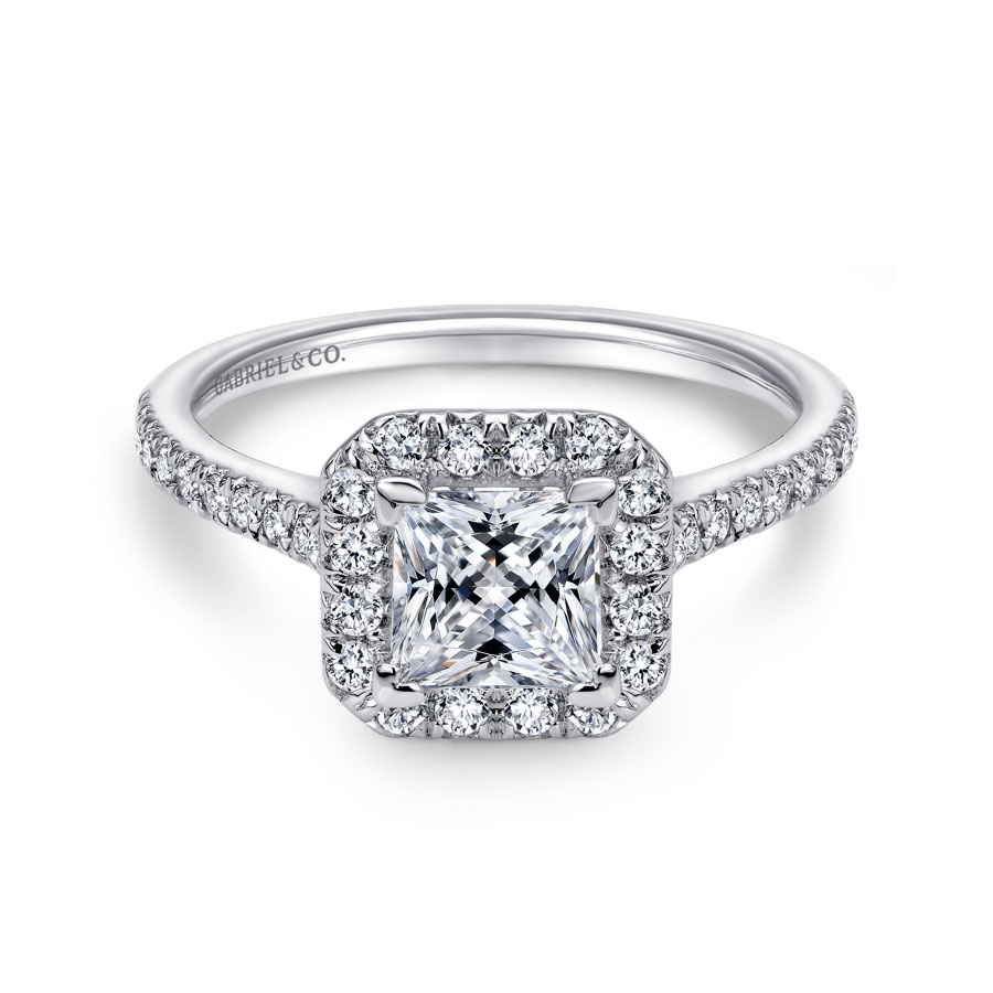 14K gold diamond halo engagement ring with diamond encrusted band