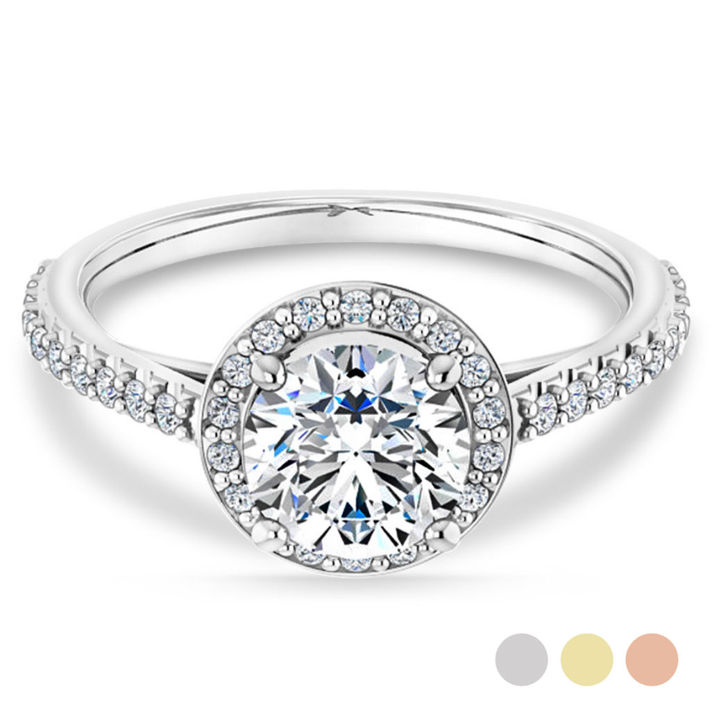 halo engagement ring with diamond accented band