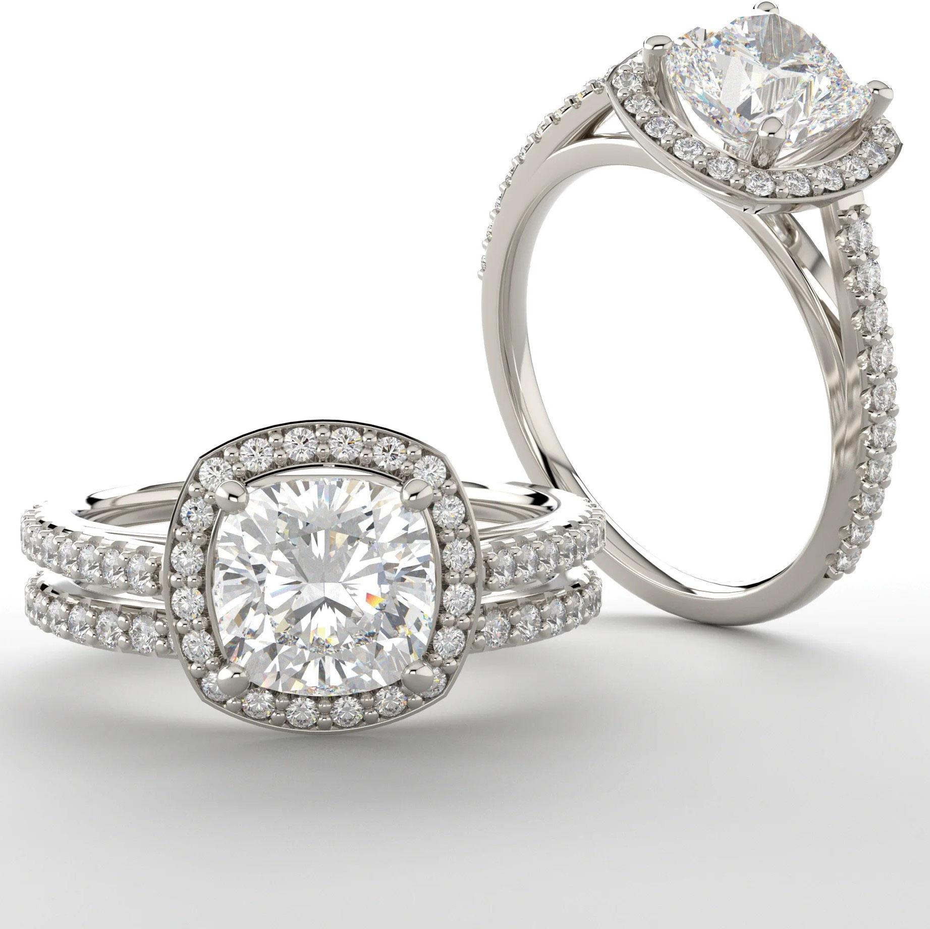 halo engagement ring with diamond accented band