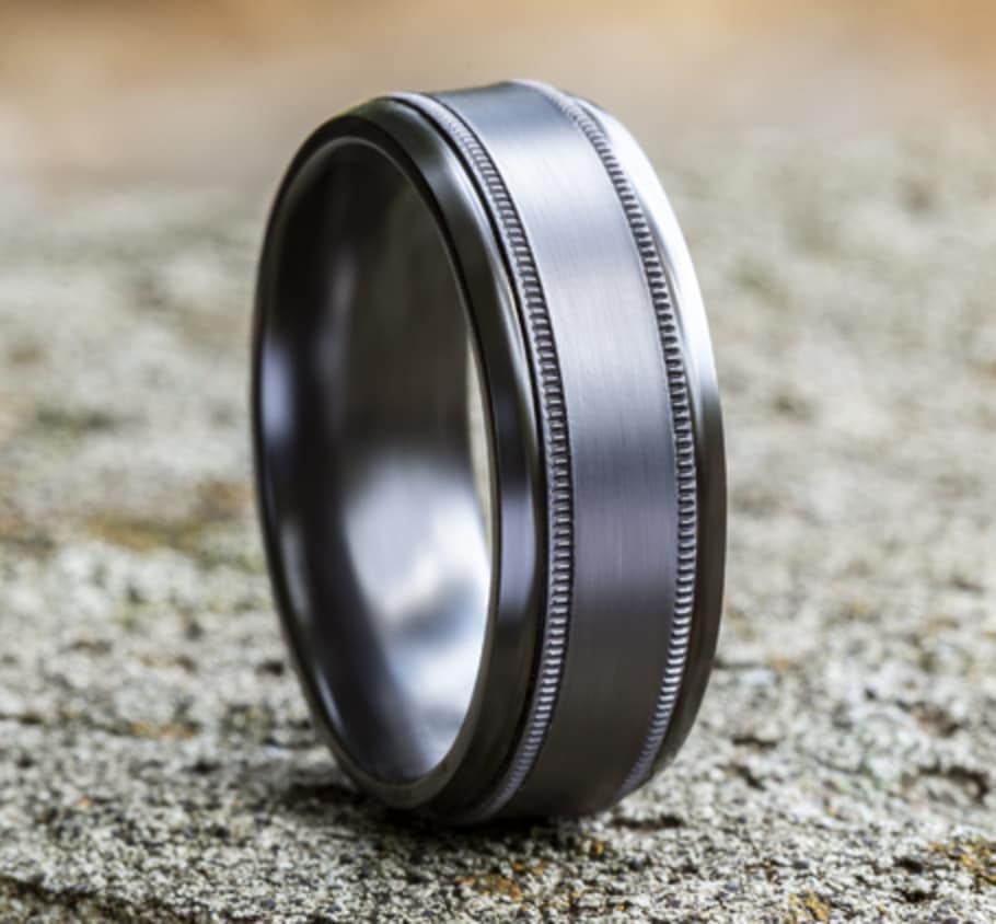 The Professor 8.00 mm Black Titanium & Grey Tantalum Satin & Milgrain Wedding Ring