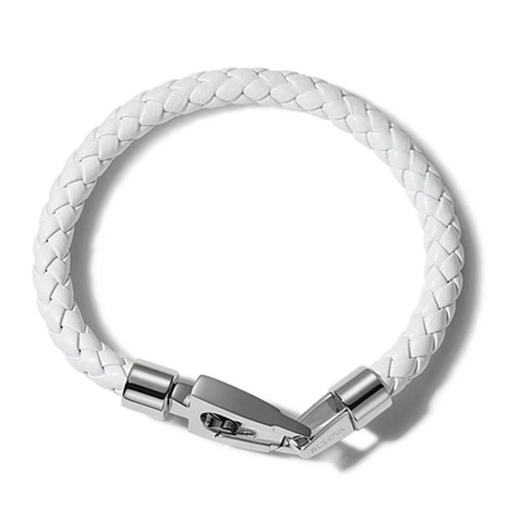 Bulova Stainless Steel Marine Star White Braided Leather Bracelet