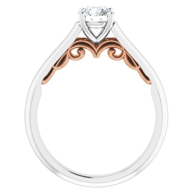 solitaire engagement ring with hidden detail of 14K rose gold scrollwork