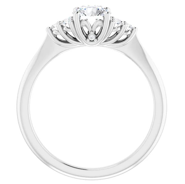 engagement ring setting with clusters of accent diamonds that sit on either side of the center stone with a polished band
