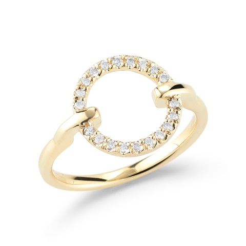 14K yellow gold ring with open  circle of diamonds that lock into a polished band